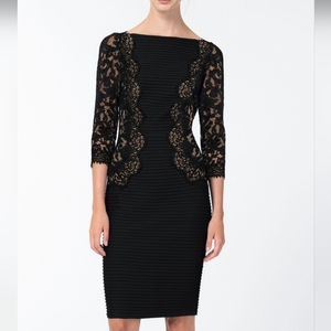 Tadash Shoji Pintuck Jersey &‎ Lace 3/4 Sleeve Dress Black/Nude Size XL